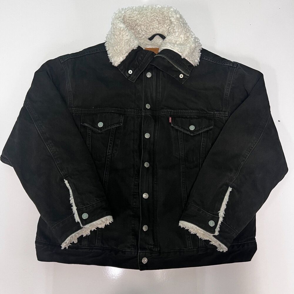 Levi's Big E Sherpa Lined Denim Trucker Jacket XL Dark Wash Black Winter Coat